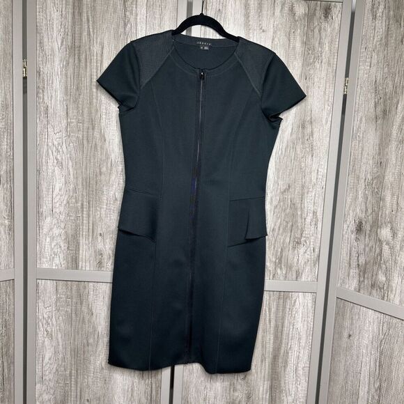 Theory Neoprene Dress Black Color Full Zip Peplum Short Sleeves Career Size 12 - Picture 1 of 8